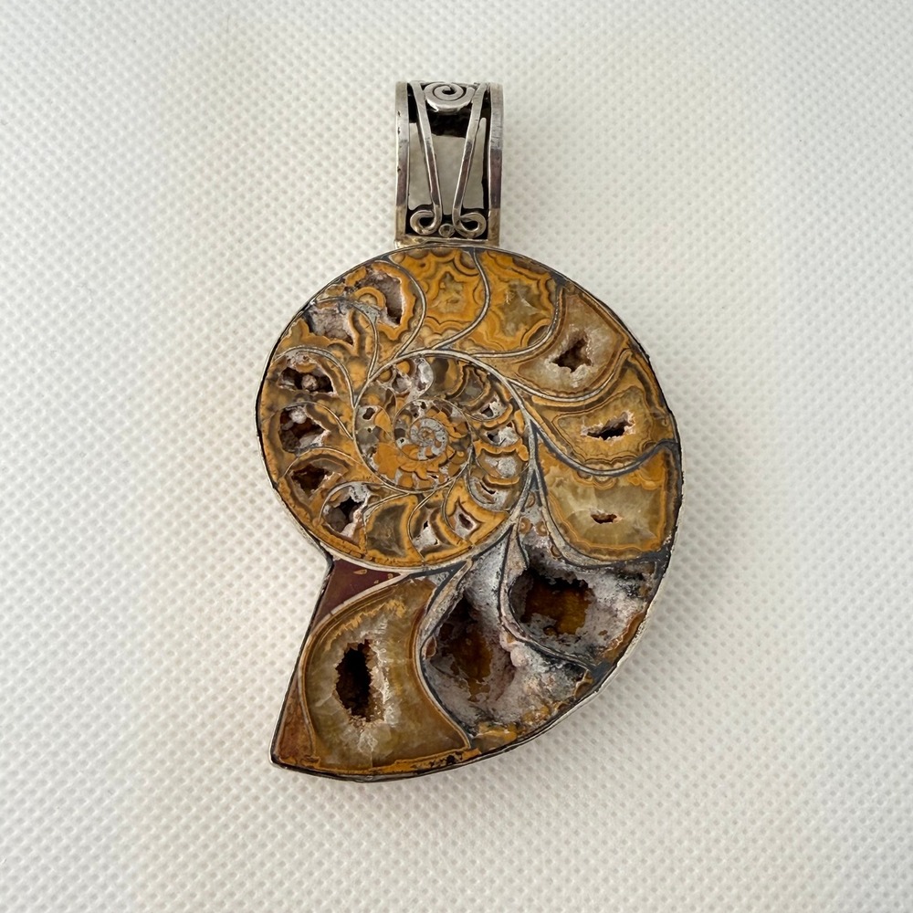 Ammonite Fossil Pendant Sterling Silver 69+g